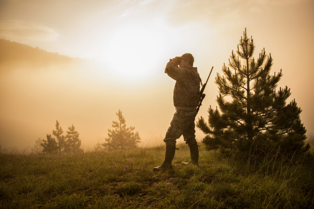 Portrait of hunter with rifle and binoculars in the forest. Bright sunlight is in the background.